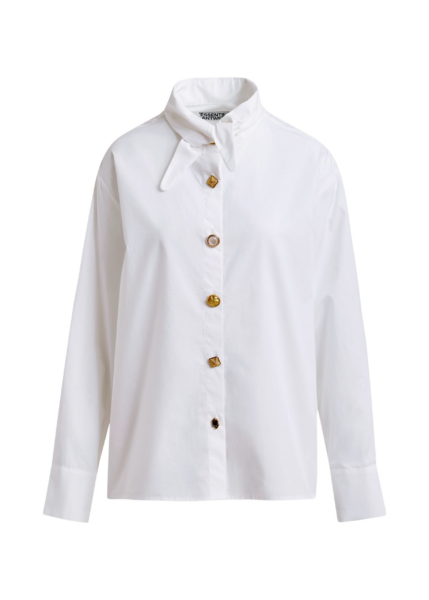 Essentiel Antwerp White cotton shirt with elongated collar and mismatched buttons - Essentiel Antwerp Shirts - Colorful Belgian Design - Shop at Luxury Shoes 