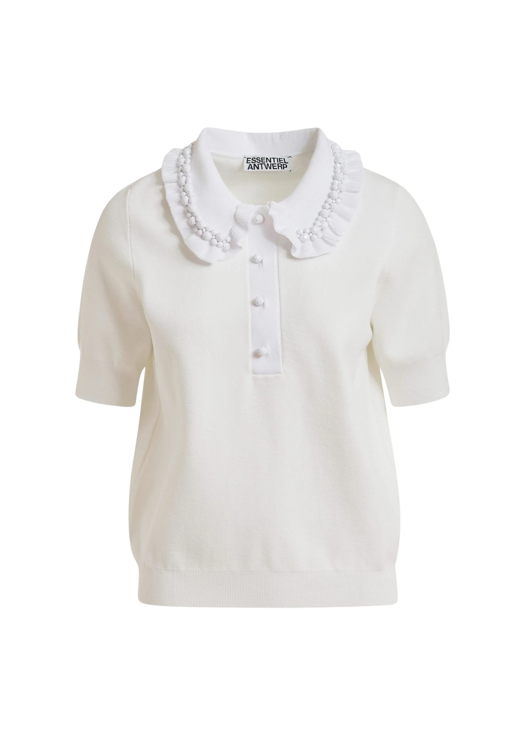 White-ruffle-fine-knit-polo-top-with-bead-embellishments-Essentiel-Antwerp-Tops-scaled20413_nobg Essentiel Antwerp White ruffle fine-knit polo top with bead embellishments - Essentiel Antwerp Tops - Colorful Belgian Design - Shop at Luxury Shoes