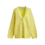 Essentiel Antwerp Yellow knit cardigan with tonal flower buttons - Essentiel Antwerp Knitwear - Colorful Belgian Design - Shop at Luxury Shoes 