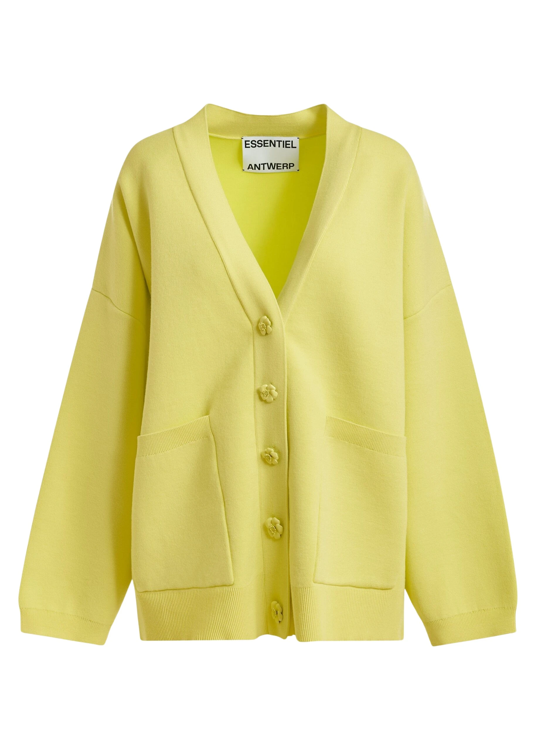 Yellow-knit-cardigan-with-tonal-flower-buttons-Essentiel-Antwerp-Knitwear-scaled31112_nobg Essentiel Antwerp Yellow knit cardigan with tonal flower buttons - Essentiel Antwerp Knitwear - Colorful Belgian Design - Shop at Luxury Shoes