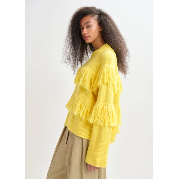 Essentiel Antwerp Yellow sweater with fringe details - Essentiel Antwerp Knitwear - Colorful Belgian Design - Shop at Luxury Shoes 