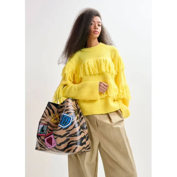 Essentiel Antwerp Yellow sweater with fringe details - Essentiel Antwerp Knitwear - Colorful Belgian Design - Shop at Luxury Shoes 