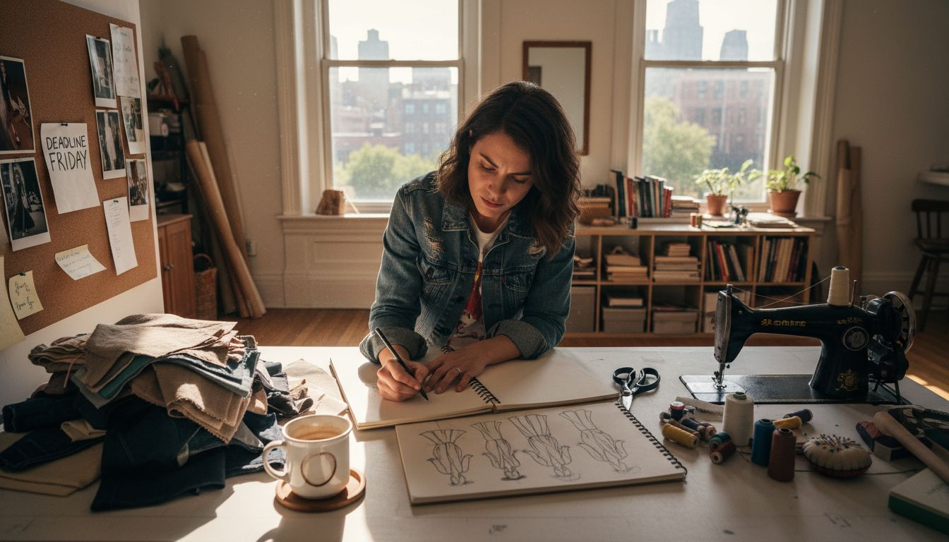 Designer sketches in corner studio workspace