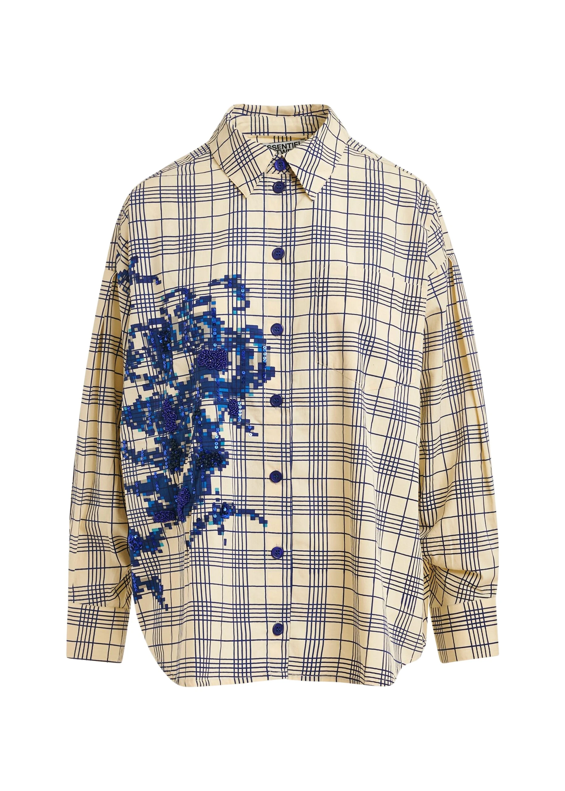 Beige-and-dark-blue-checked-oversized-cotton-shirt-with-floral-sequin-and-bead-embellishment-Essentiel-Antwerp-Shirts-scaled13928_nobg Essentiel Antwerp Beige and dark blue checked oversized cotton shirt with floral sequin and bead embellishment - Essentiel Antwerp Shirts - Colorful Belgian Design - Shop at Luxury Shoes