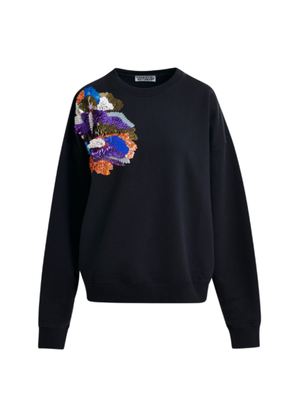 Essentiel Antwerp Black and multicolor cotton sweatshirt with floral sequin and bead-embellished embroidery - Essentiel Antwerp Shirts - Colorful Belgian Design - Shop at Luxury Shoes 
