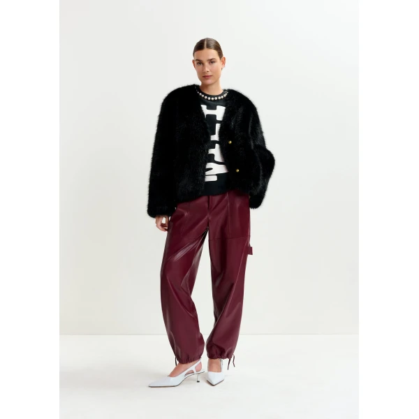 Essentiel Antwerp Black and white cotton T-shirt with "HUH?"- print and bead embellishments - Essentiel Antwerp Shirts - Colorful Belgian Design - Shop at Luxury Shoes 