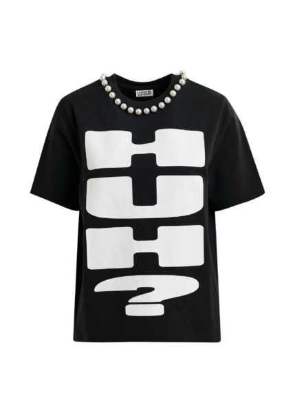 Essentiel Antwerp Black and white cotton T-shirt with "HUH?"- print and bead embellishments - Essentiel Antwerp Shirts - Colorful Belgian Design - Shop at Luxury Shoes 