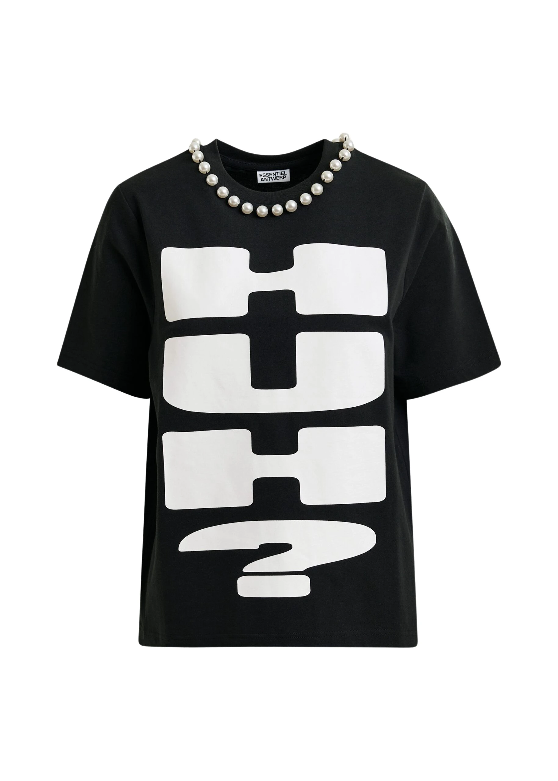Black-and-white-cotton-T-shirt-with-HUH-print-and-bead-embellishments-Essentiel-Antwerp-Shirts-scaled92553_nobg Essentiel Antwerp Black and white cotton T-shirt with "HUH?"- print and bead embellishments - Essentiel Antwerp Shirts - Colorful Belgian Design - Shop at Luxury Shoes