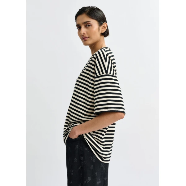 Essentiel Antwerp Black and white striped rhinestone-embellished oversized cotton T-shirt - Essentiel Antwerp Shirts - Colorful Belgian Design - Shop at Luxury Shoes 