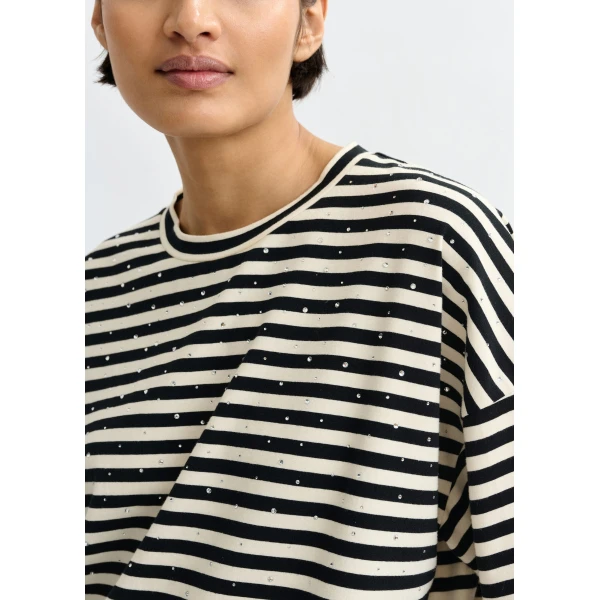 Essentiel Antwerp Black and white striped rhinestone-embellished oversized cotton T-shirt - Essentiel Antwerp Shirts - Colorful Belgian Design - Shop at Luxury Shoes 