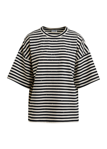 Essentiel Antwerp Black and white striped rhinestone-embellished oversized cotton T-shirt - Essentiel Antwerp Shirts - Colorful Belgian Design - Shop at Luxury Shoes 