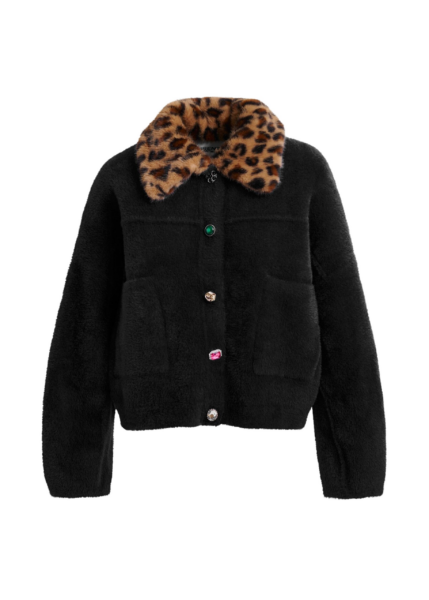 Essentiel Antwerp Black cardigan with removable leopard faux fur collar - Essentiel Antwerp Knitwear - Colorful Belgian Design - Shop at Luxury Shoes 