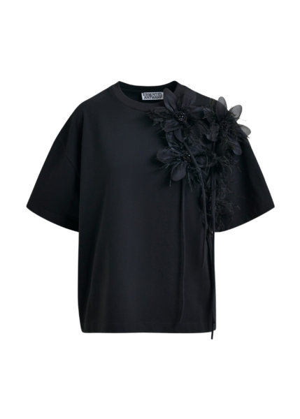 Essentiel Antwerp Black cotton T-shirt with floral detail - Essentiel Antwerp Shirts - Colorful Belgian Design - Shop at Luxury Shoes 