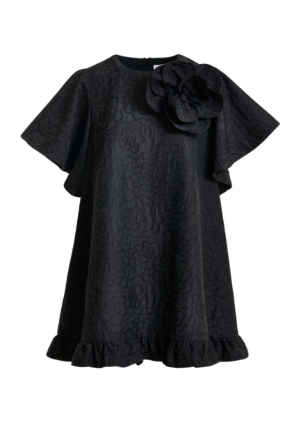 Essentiel Antwerp Black jacquard A-line mini dress with flower brooch - Essentiel Antwerp Dresses - Colorful Belgian Design - Shop at Luxury Shoes 