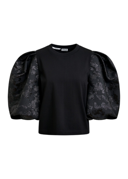 Essentiel Antwerp Black jersey T-shirt with voluminous jacquard sleeves - Essentiel Antwerp Shirts - Colorful Belgian Design - Shop at Luxury Shoes 