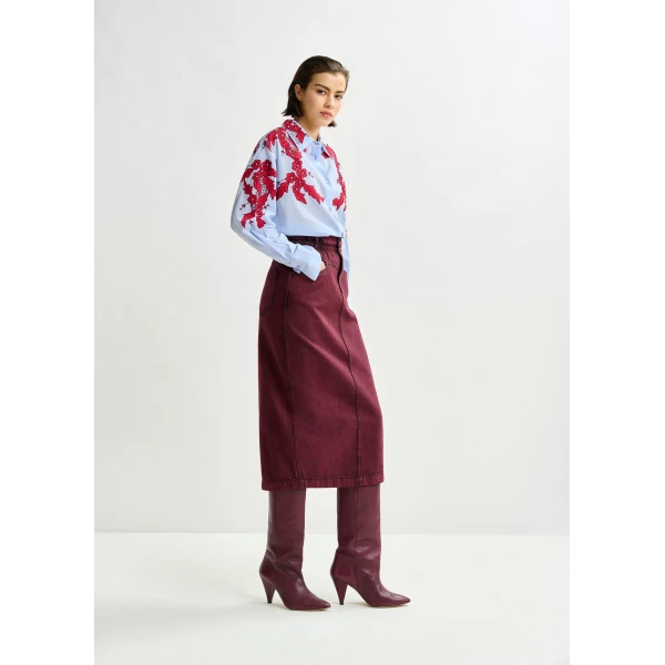 Essentiel Antwerp Blue and burgundy embroidered cotton shirt with rhinestone embellishements - Essentiel Antwerp Shirts - Colorful Belgian Design - Shop at Luxury Shoes 