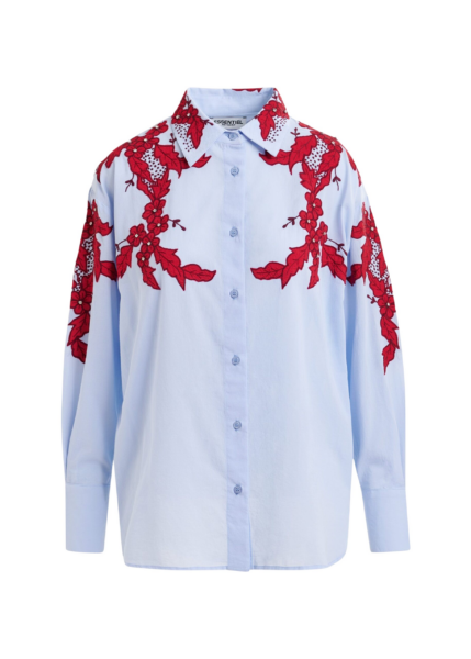 Essentiel Antwerp Blue and burgundy embroidered cotton shirt with rhinestone embellishements - Essentiel Antwerp Shirts - Colorful Belgian Design - Shop at Luxury Shoes 