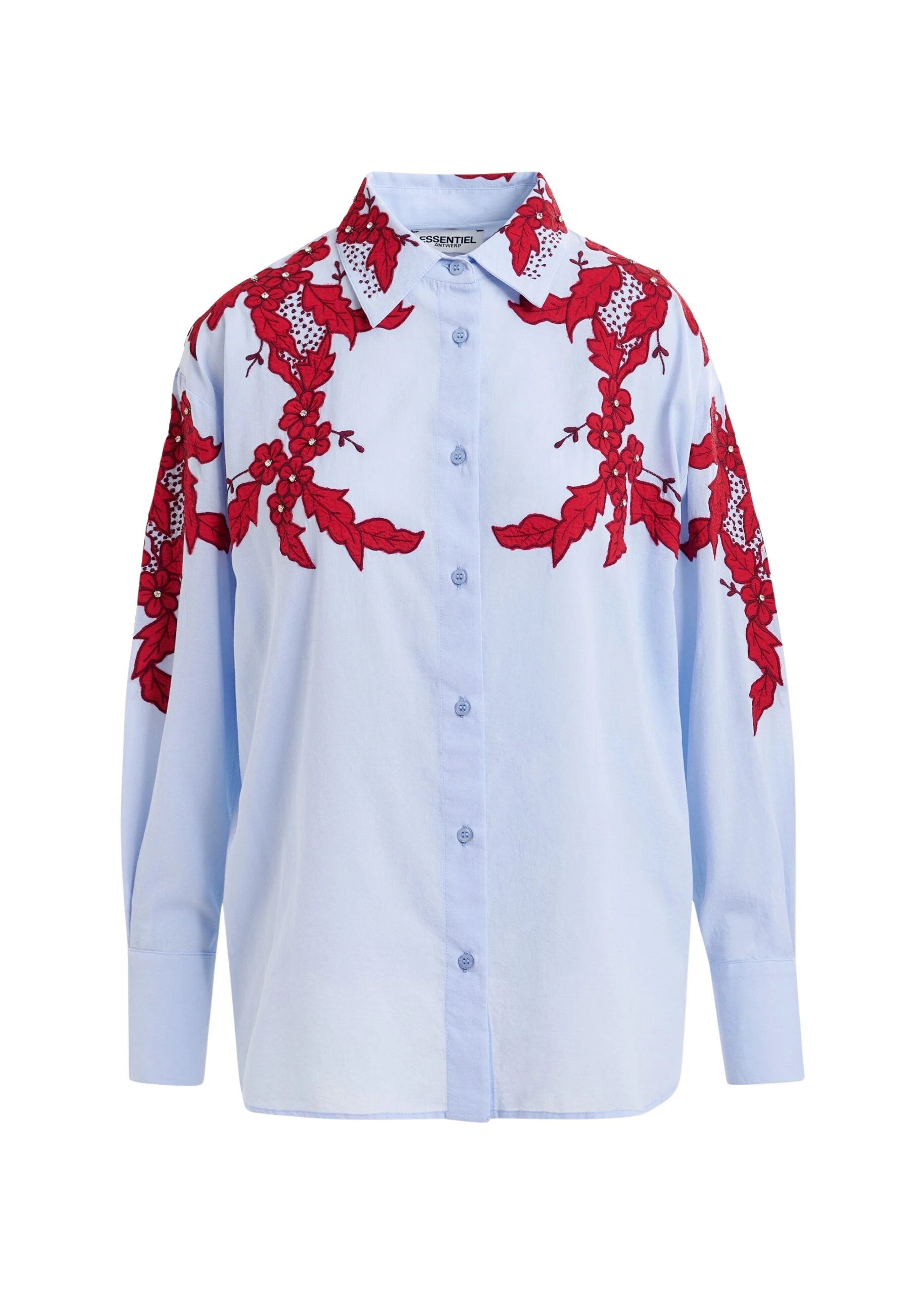 Blue-and-burgundy-embroidered-cotton-shirt-with-rhinestone-embellishements-Essentiel-Antwerp-Shirts-scaled99716_nobg Essentiel Antwerp Blue and burgundy embroidered cotton shirt with rhinestone embellishements - Essentiel Antwerp Shirts - Colorful Belgian Design - Shop at Luxury Shoes