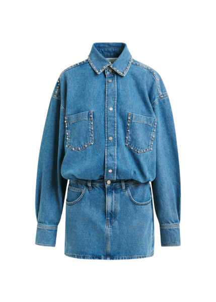 Essentiel Antwerp Blue two-piece denim set with pearl and stud embellishments - Essentiel Antwerp Knitwear - Colorful Belgian Design - Shop at Luxury Shoes 