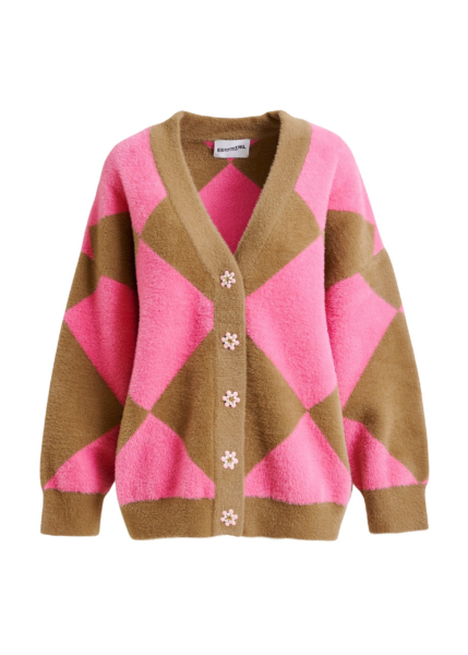 Essentiel Antwerp Brown and pink harlequin-patterned knit cardigan with flower-shaped buttons - Essentiel Antwerp Knitwear - Colorful Belgian Design - Shop at Luxury Shoes 
