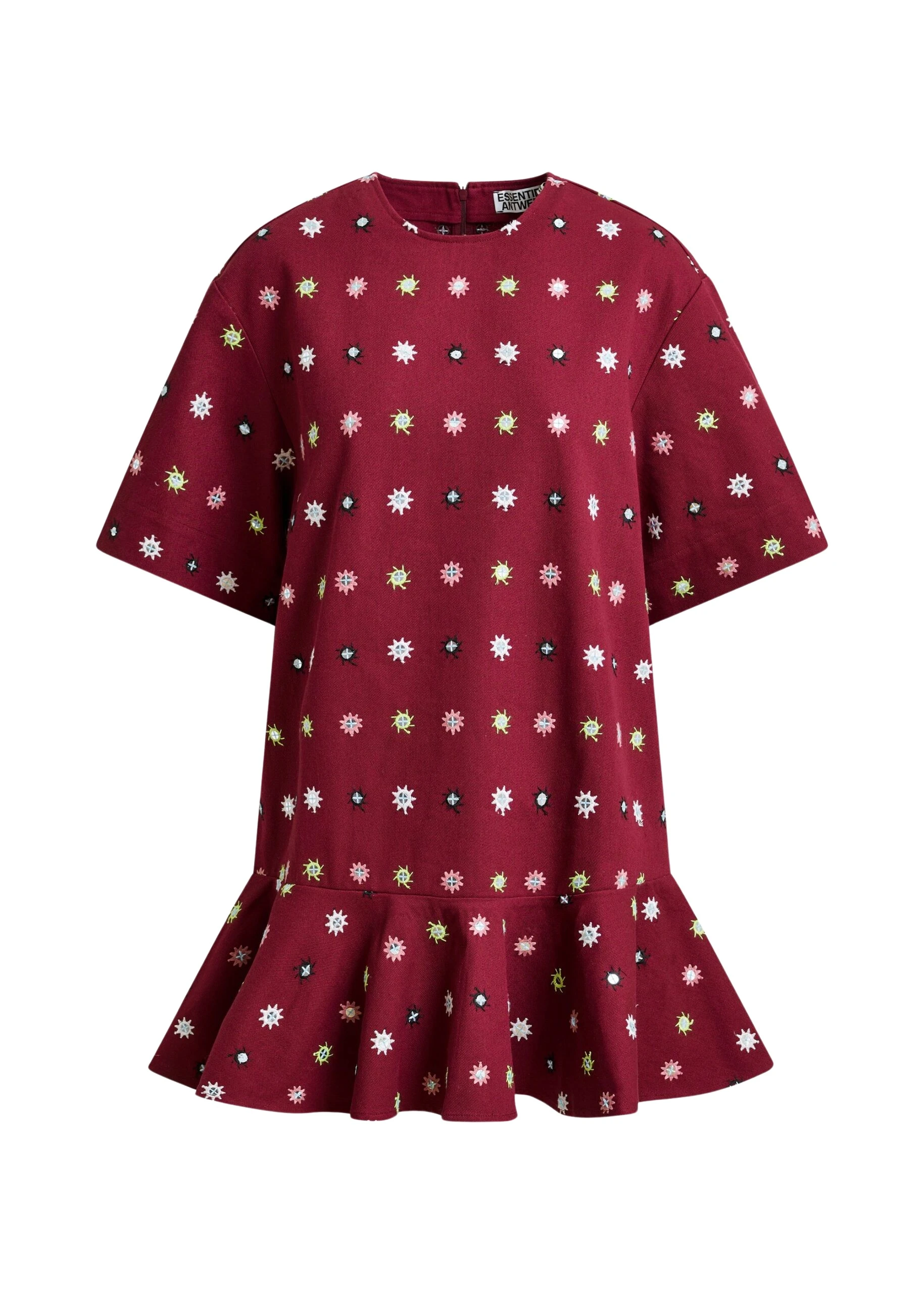 Burgundy-and-multicolor-embroidered-oversized-dress-with-mirror-accents-ruffled-Hem-Essentiel-Antwerp-Dresses-scaled75635_nobg Essentiel Antwerp Burgundy and multicolor embroidered oversized dress with mirror accents & ruffled Hem - Essentiel Antwerp Dresses - Colorful Belgian Design - Shop at Luxury Shoes