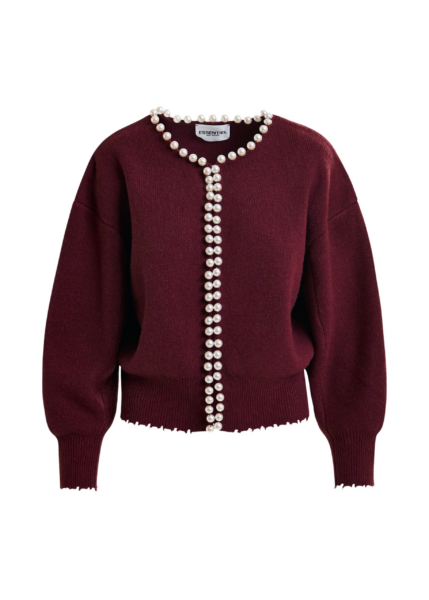 Essentiel Antwerp Burgundy pearl-embellished cardigan - Essentiel Antwerp Knitwear - Colorful Belgian Design - Shop at Luxury Shoes 