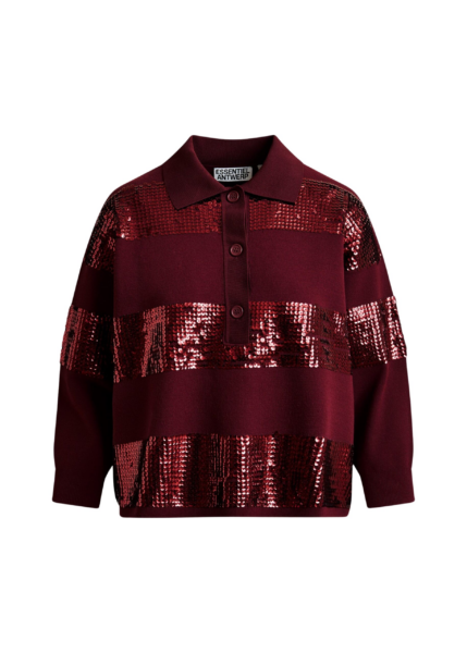 Essentiel Antwerp Burgundy striped sequin-embellished polo - Essentiel Antwerp Tops - Colorful Belgian Design - Shop at Luxury Shoes 