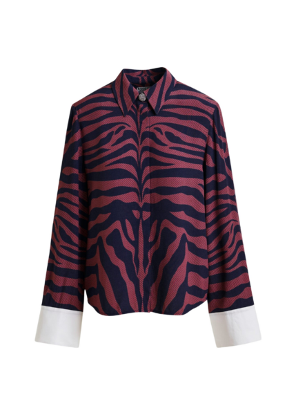 Essentiel Antwerp Dark pink and navy zebra-jacquard shirt with rhinestone-encrushed button - Essentiel Antwerp Shirts - Colorful Belgian Design - Shop at Luxury Shoes 
