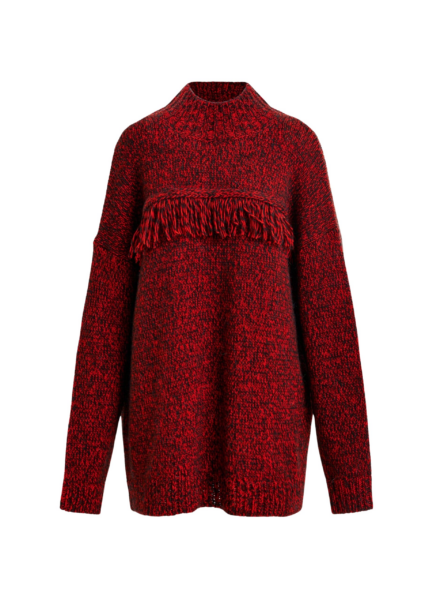 Essentiel Antwerp Dark red and black wool-blend sweater with fringe details - Essentiel Antwerp Knitwear - Colorful Belgian Design - Shop at Luxury Shoes 