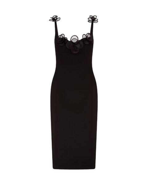 David Koma 3D Lace Flower Satin Midi Dress In Black