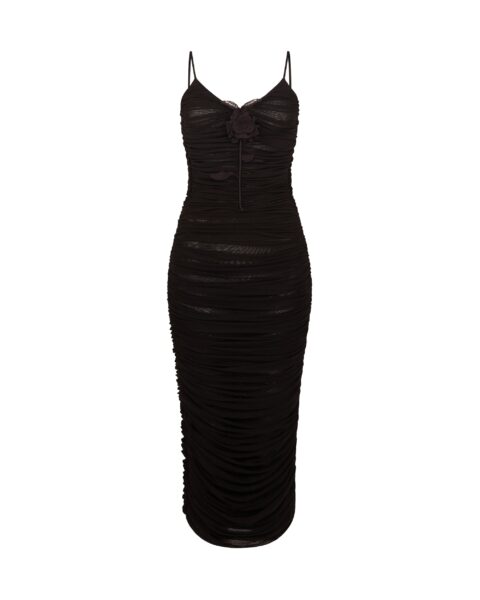 David Koma Lace Rose Embroidered Ruched Midi Dress