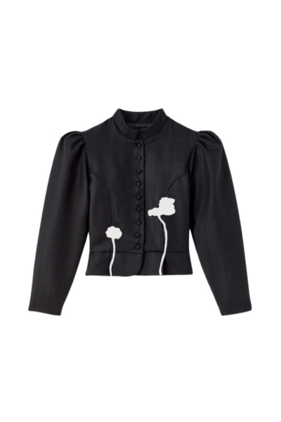 Destree Black virgin wool jacket with puff sleeves and floral embroidery - Destree - Graphic Parisian Fashion - Shop at Luxury Shoes 