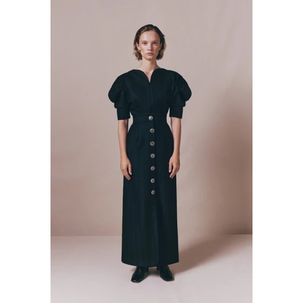 Destree Black virgin wool long skirt with refined buttons - Destree - Graphic Parisian Fashion - Shop at Luxury Shoes 