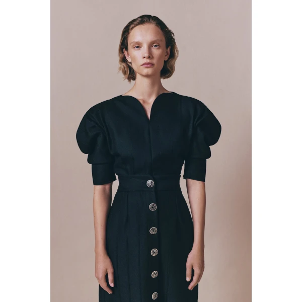 Destree Black virgin wool sculptural top with puffed sleeves - Destree - Graphic Parisian Fashion - Shop at Luxury Shoes 
