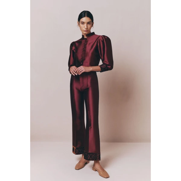Destree Burgundy satin puff sleeves jacket with embroidered details - Destree - Graphic Parisian Fashion - Shop at Luxury Shoes 