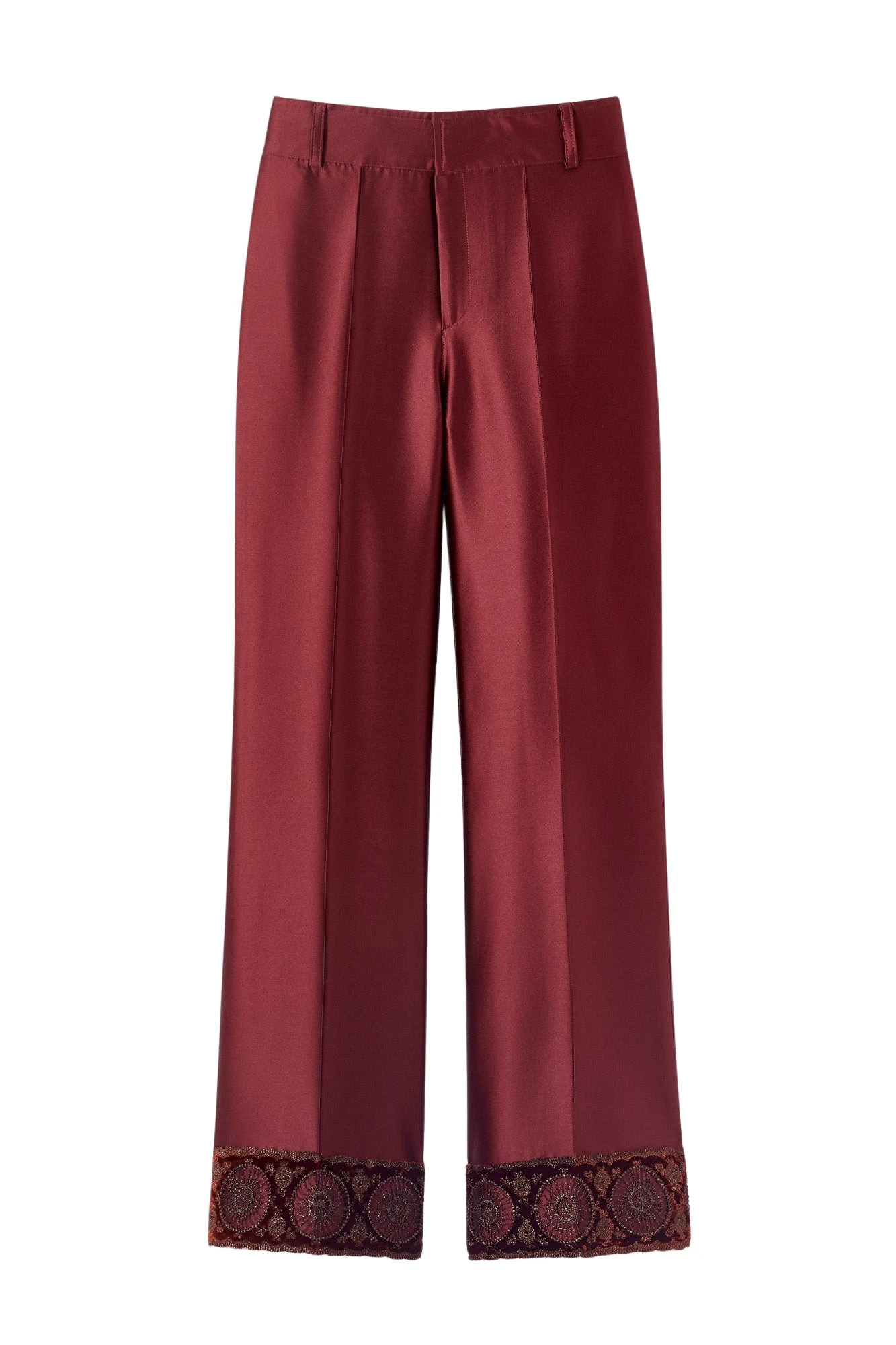 Destree-Burgundy-satin-straight-pants-with-embroidered-details25875_nobg Destree Burgundy satin straight pants with embroidered details - Destree - Graphic Parisian Fashion - Shop at Luxury Shoes