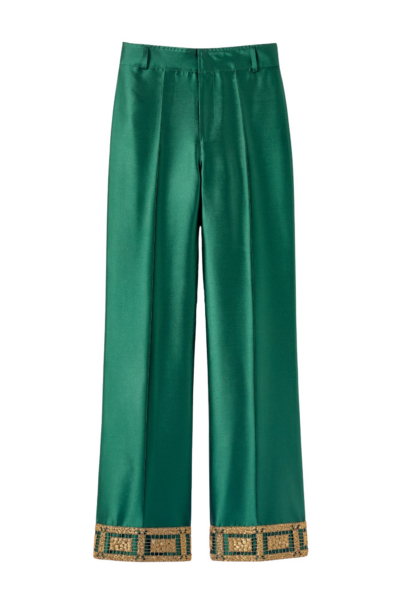 Destree Forest satin straight pants with embroidered details - Destree - Graphic Parisian Fashion - Shop at Luxury Shoes 