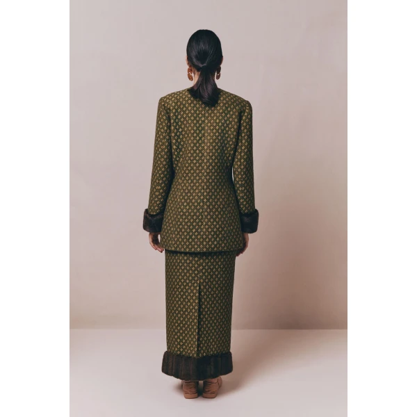 Destree Green jacquard skirt with faux fur trim - Destree - Graphic Parisian Fashion - Shop at Luxury Shoes 