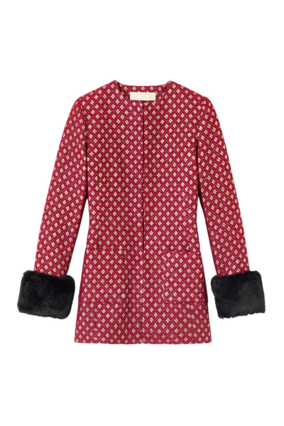 Destree Structured burgundy & gold jacquard long jacket with soft faux fur cuffs - Destree - Graphic Parisian Fashion - Shop at Luxury Shoes 