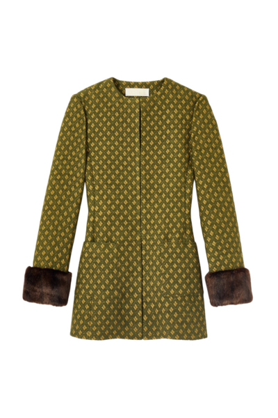 Destree Structured green jacquard long jacket with soft faux fur cuffs - Destree - Graphic Parisian Fashion - Shop at Luxury Shoes 