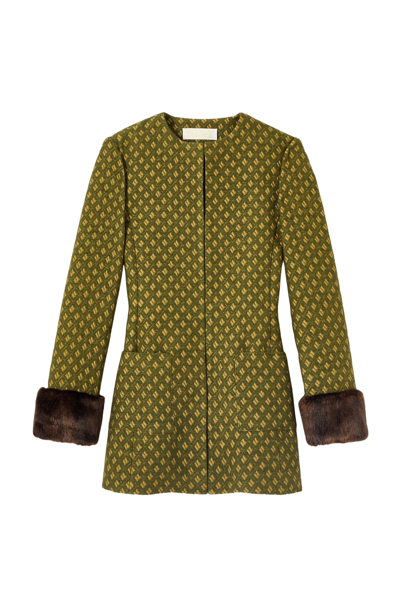 Destree-Structured-green-jacquard-long-jacket-with-soft-faux-fur-cuffs29866_nobg Destree Structured green jacquard long jacket with soft faux fur cuffs - Destree - Graphic Parisian Fashion - Shop at Luxury Shoes