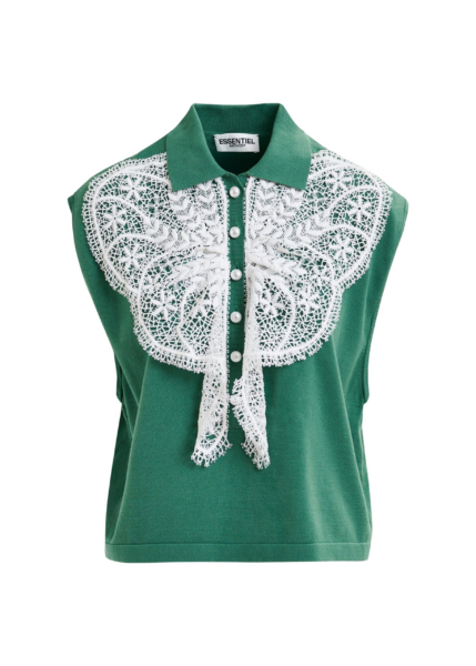 Essentiel Antwerp Green and white sleeveless polo with lace details and pearl buttons - Essentiel Antwerp Tops - Colorful Belgian Design - Shop at Luxury Shoes 