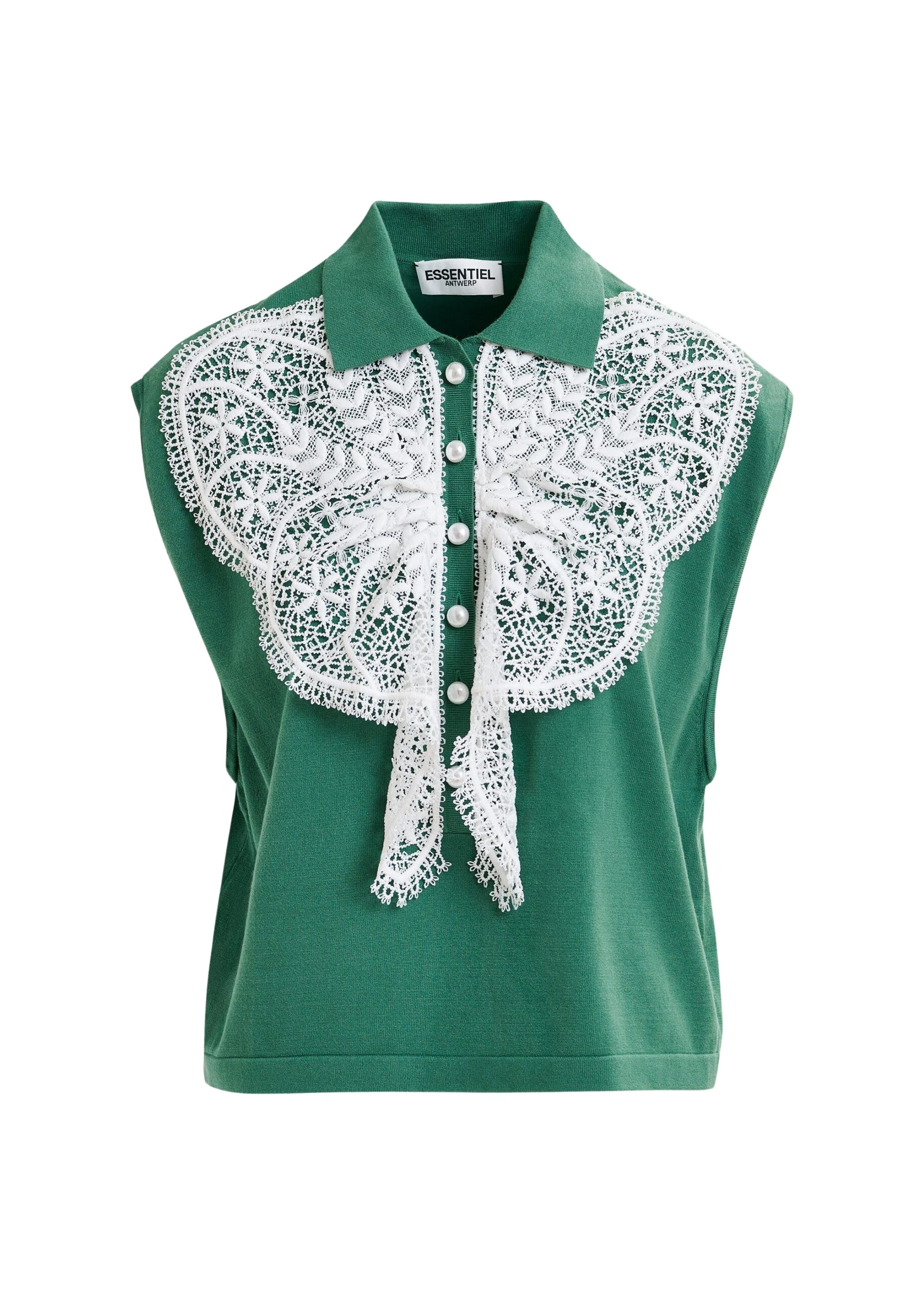 Green-and-white-sleeveless-polo-with-lace-details-and-pearl-buttons-Essentiel-Antwerp-Tops-scaled70288_nobg Essentiel Antwerp Green and white sleeveless polo with lace details and pearl buttons - Essentiel Antwerp Tops - Colorful Belgian Design - Shop at Luxury Shoes