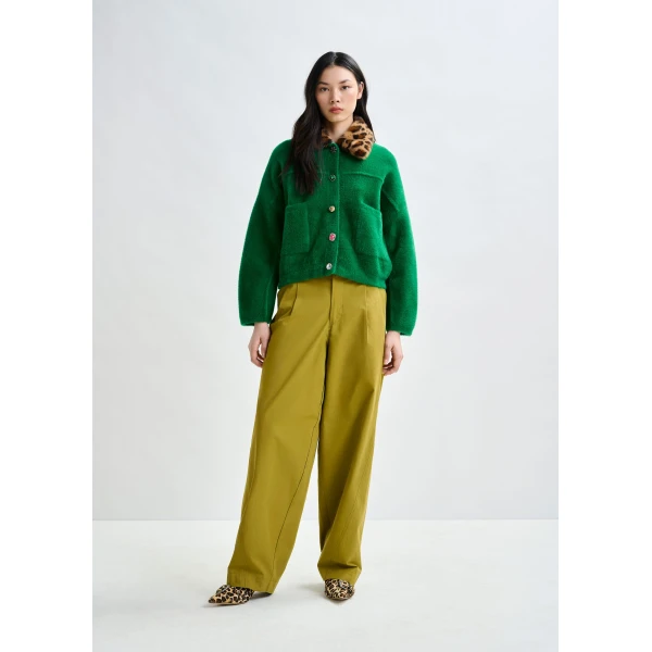 Essentiel Antwerp Green cardigan with removable leopard faux fur collar - Essentiel Antwerp Knitwear - Colorful Belgian Design - Shop at Luxury Shoes 