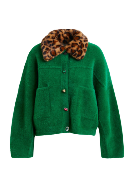 Essentiel Antwerp Green cardigan with removable leopard faux fur collar - Essentiel Antwerp Knitwear - Colorful Belgian Design - Shop at Luxury Shoes 