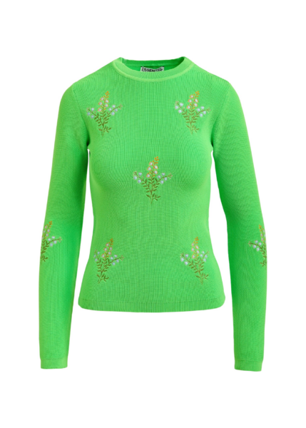 Essentiel Antwerp Green knitted sweater with floral embroideries - Essentiel Antwerp Knitwear - Colorful Belgian Design - Shop at Luxury Shoes 
