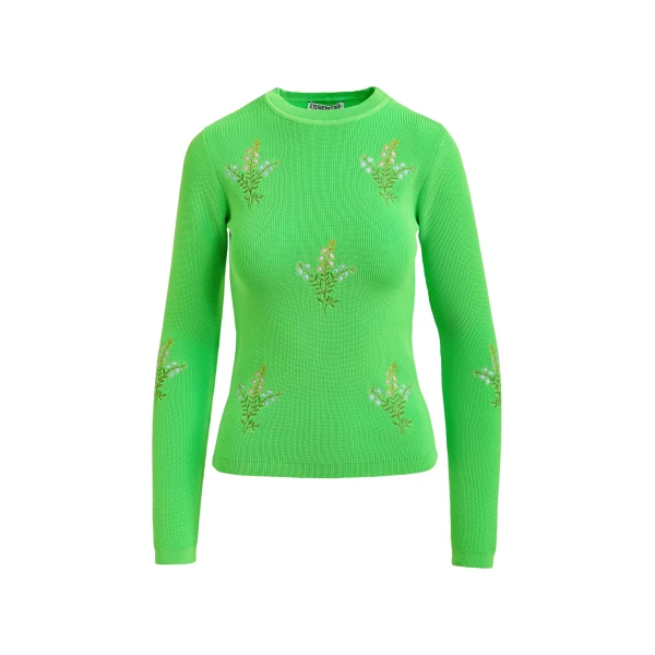 Essentiel Antwerp Green knitted sweater with floral embroideries - Essentiel Antwerp Knitwear - Colorful Belgian Design - Shop at Luxury Shoes 
