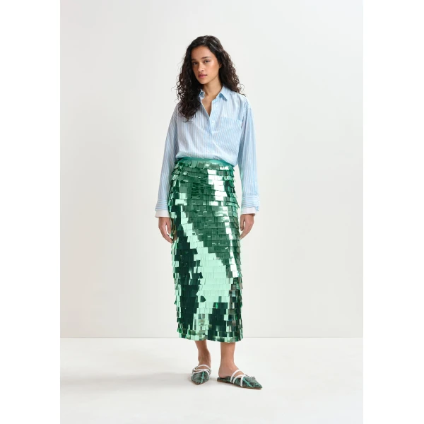 Essentiel Antwerp Green pencil skirt with sequin embellishments - Essentiel Antwerp Skirts - Colorful Belgian Design - Shop at Luxury Shoes 