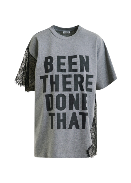 Essentiel Antwerp Grey and black graphic cotton T-shirt with lace details - Essentiel Antwerp Shirts - Colorful Belgian Design - Shop at Luxury Shoes 