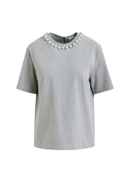 Essentiel Antwerp Grey and silver cotton T-shirt with metallic pearl-style embellishments - Essentiel Antwerp Shirts - Colorful Belgian Design - Shop at Luxury Shoes 